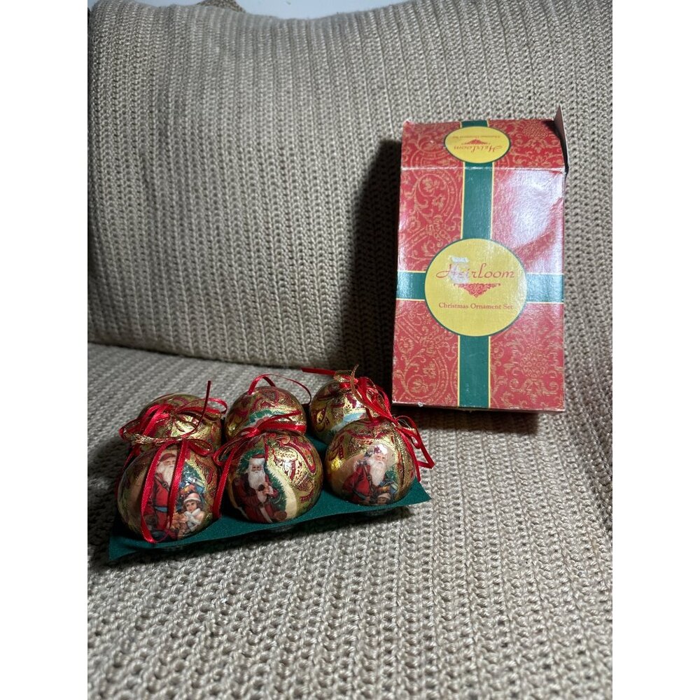 Vintage Heirloom Decoupage Santa Christmas Ornaments Set With Box